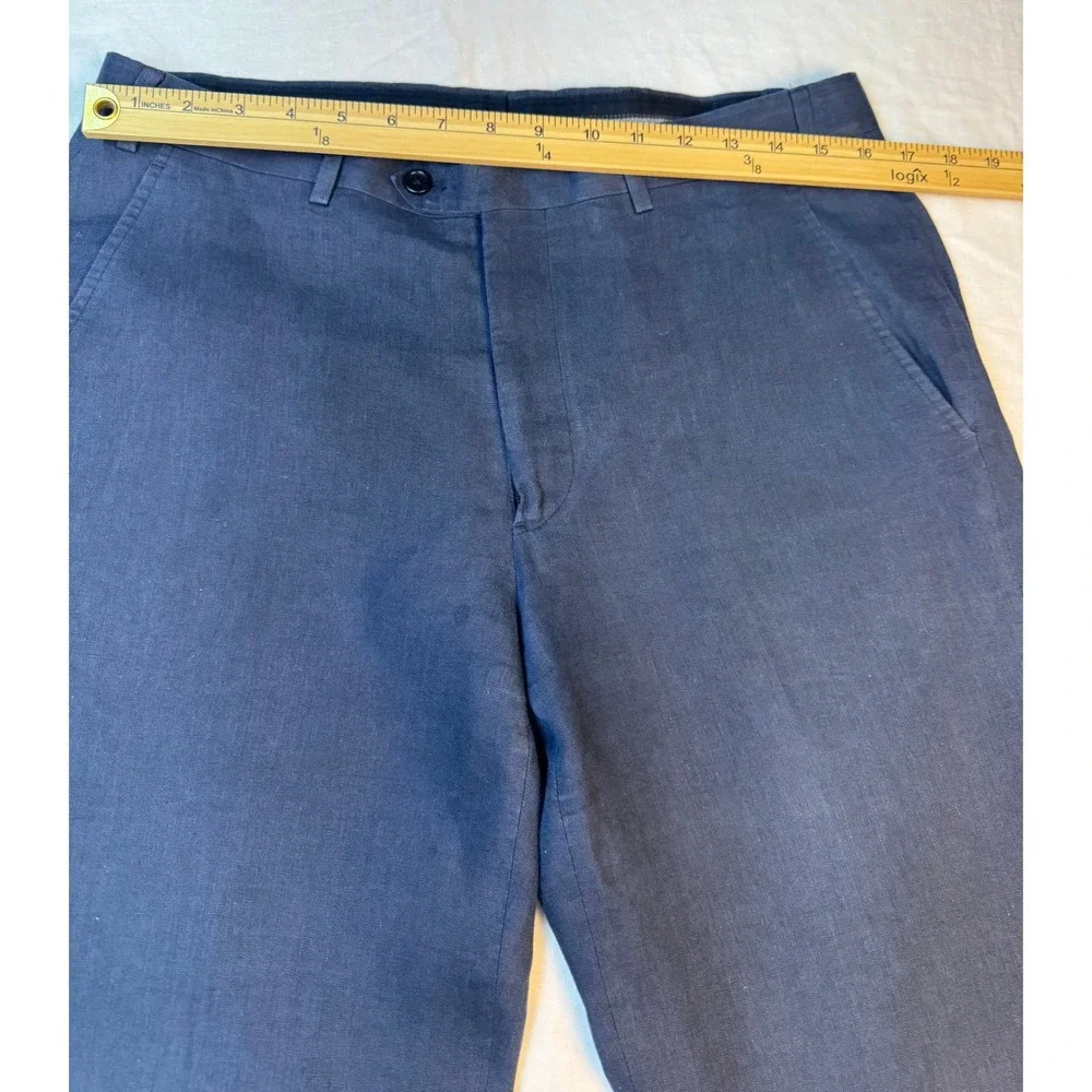 Armani Collezioni Mens Navy Blue Linen Blend Flat Front Straight Leg Pants 35x29
